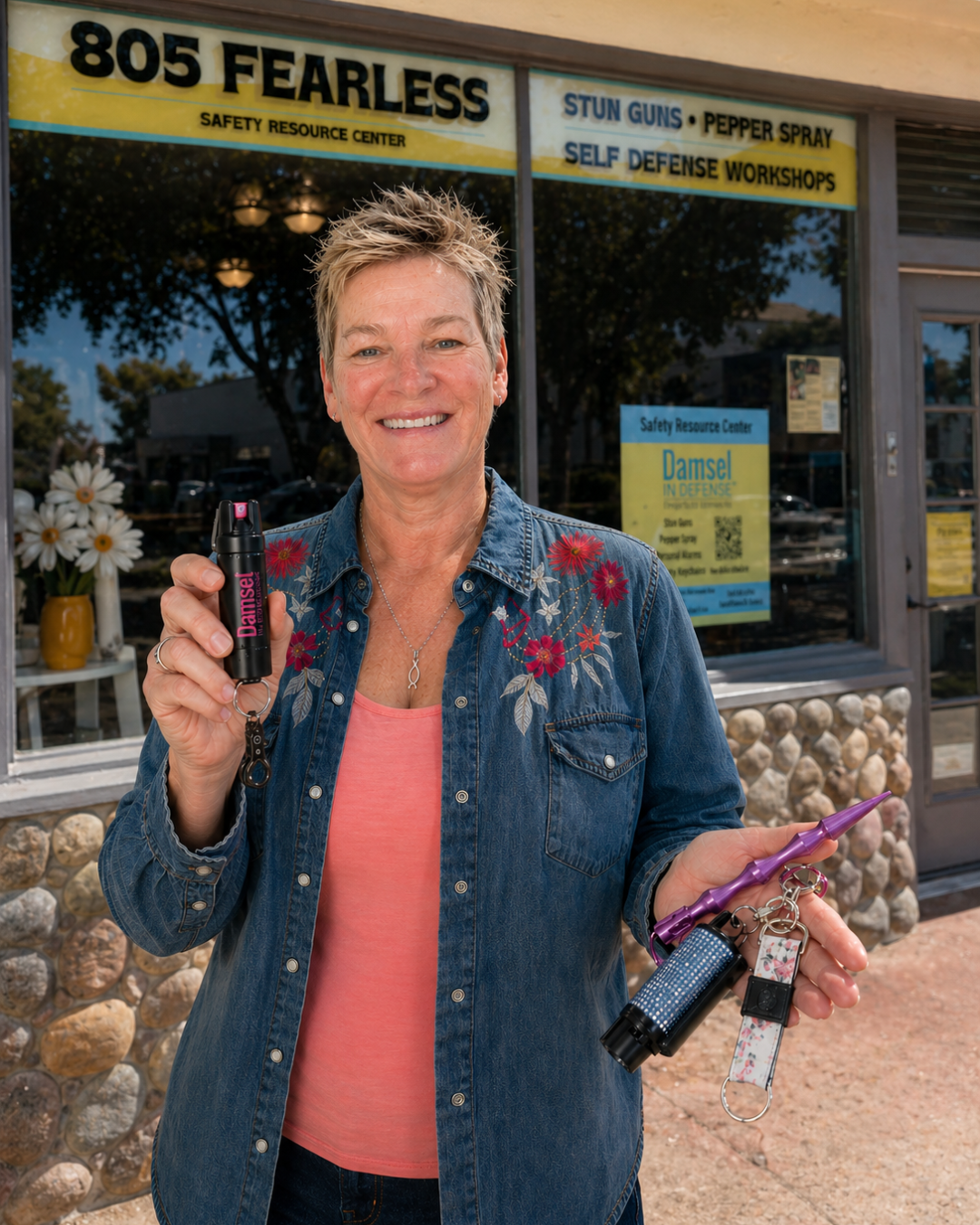 Heidi, founder of 805 Fearless, standing outside the training location in San Luis Obispo County promoting self-defense training and personal safety awareness.
